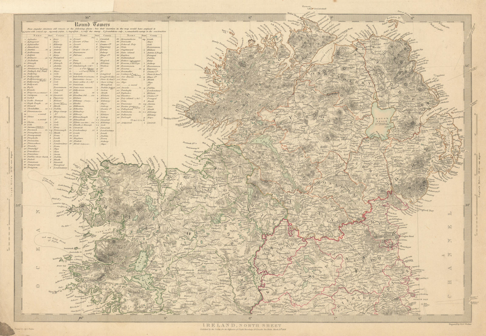 IRELAND.North Sheet.List of round towers Cloigtheach Cloigthithe.SDUK 1844 map